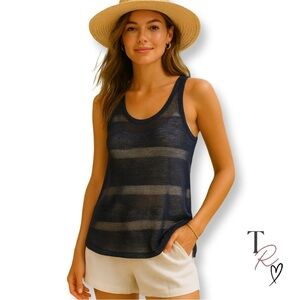 Eileen Fisher Semi-sheer Navy Striped 100% Linen Tank Lightweight Sweater Feel X